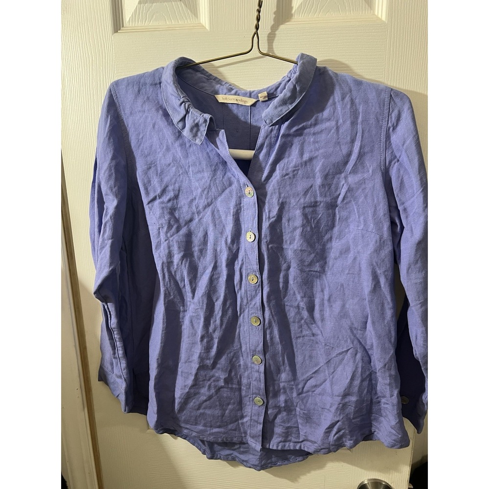 Soft Surroundings PS Linen Tunic Purple Button Up Collar Rolltab Button Art
